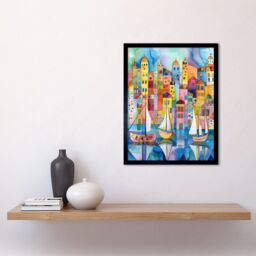 "Artery8 Wall Art Print Modern Marina Colourful Cityscape Pattern Folk Art Watercolour Painting Art Framed in Black - Size: W12"" x H16""" - thumbnail 2