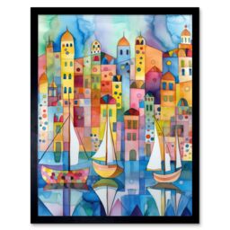 "Artery8 Wall Art Print Modern Marina Colourful Cityscape Pattern Folk Art Watercolour Painting Art Framed in Black - Size: W12"" x H16""" - thumbnail 1