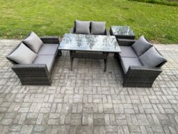 Fimous 6 Seater Rattan Wicker Garden Furniture Patio Conservatory Sofa Set Indoor Outdoor with Dining Table Double Seat Sofa in Dark Grey - thumbnail 1