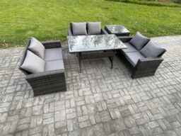 Fimous 6 Seater Rattan Wicker Garden Furniture Patio Conservatory Sofa Set Indoor Outdoor with Dining Table Double Seat Sofa in Dark Grey - thumbnail 2