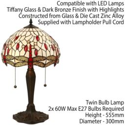 Loops Tiffany Glass Table Lamp Light Dark Bronze & Cream Red Dragonfly Shade i00189 in Clear - thumbnail 2