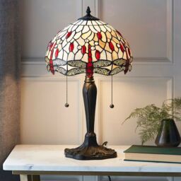 Loops Tiffany Glass Table Lamp Light Dark Bronze & Cream Red Dragonfly Shade i00189 in Clear - thumbnail 3