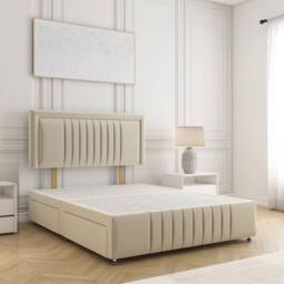 "BSSPOKE Lily Plush Velvet Divan Bed 24"" Headboard & No Mattress No Drawers in Cream - Size: Double"