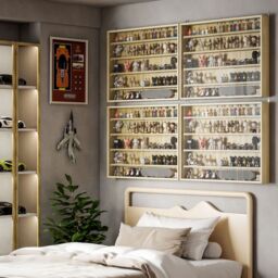 HOMCOM 5-Tier Wall Display Shelf Unit Cabinet w/ Shelves Glass Doors in Light Brown - Size: Small - thumbnail 1