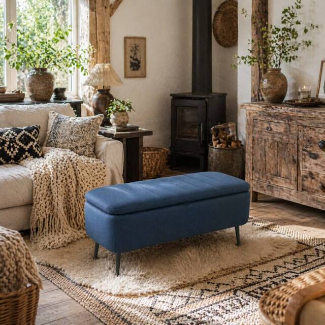Wyld Haus Sudina Dark Blue Linen Look Rectangle Storage Ottoman - image 1