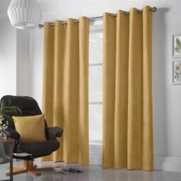 Luxury Living Velvet Chenille Eyelet Curtains Ready Made Pair in Yellow - Size: 142 cm width x 183 cm drop