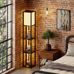 Costway Modern Floor Lamp with Shelves Wood Shelf Lamp w/ 3 LED Strips in Black - thumbnail 9