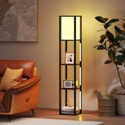 Costway Modern Floor Lamp with Shelves Wood Shelf Lamp w/ 3 LED Strips in Black - thumbnail 2