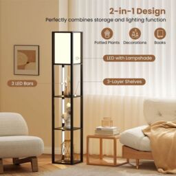 Costway Modern Floor Lamp with Shelves Wood Shelf Lamp w/ 3 LED Strips in Black - thumbnail 5