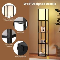 Costway Modern Floor Lamp with Shelves Wood Shelf Lamp w/ 3 LED Strips in Black - thumbnail 8