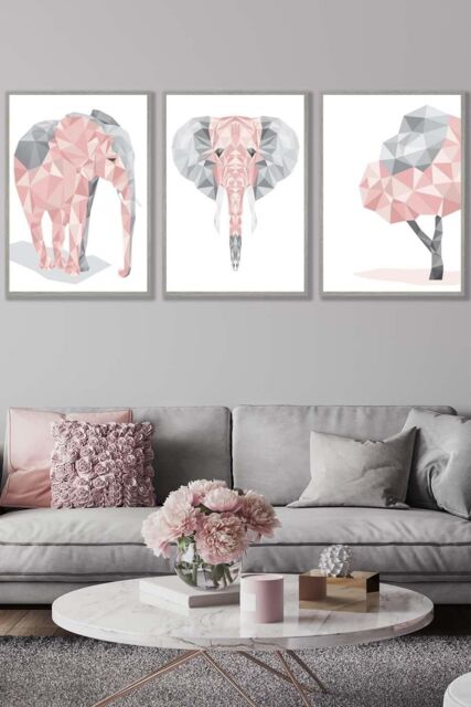 ARTZE Geometric Pink Grey Elephant Set Framed Wall Art - Large in Light Grey - Size: W53 cm x H73 cm x D20mm - image 1