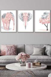 ARTZE Geometric Pink Grey Elephant Set Framed Wall Art - Large in Light Grey - Size: W53 cm x H73 cm x D20mm - thumbnail 1
