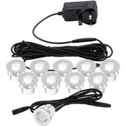 Loops Recessed IP44 Decking Guide Light Kit - 10 x Daylight White LED - Polished Steel in Metallics