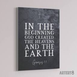 "Artery8 Genesis 1 GOD Created Heavens Earth Bible Quote Canvas Art in Grey - Size: W18"" x H24""" - thumbnail 2