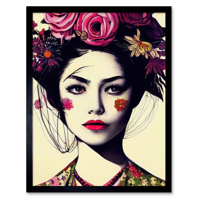 "Artery8 Wall Art Print Boho Woman With Flowers Headdress Modern Art Framed in Black - Size: W12"" x H16""" - image 1
