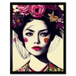 "Artery8 Wall Art Print Boho Woman With Flowers Headdress Modern Art Framed in Black - Size: W12"" x H16""" - thumbnail 1