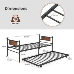 Costway Metal Daybed with Pull out Trundle Single Sofa Guest Bed with Headboard in Brown - thumbnail 3