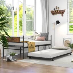 Costway Metal Daybed with Pull out Trundle Single Sofa Guest Bed with Headboard in Brown
