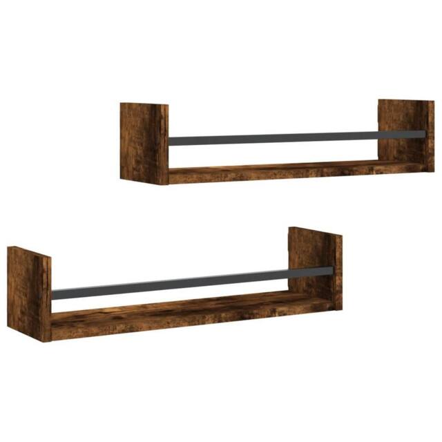 Berkfield Home Wall Shelves with Bars 2 pcs Smoked Oak 60x16x14 cm in Brown - Size: 60 x 16 x 14 cm - image 1