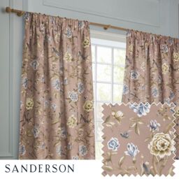 Sanderson Porcelain Garden Printed Chenille Room Darkening Pencil Pleat Curtains in Dusty Pink - Size: 117 cm width x 183 cm drop