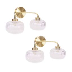 ValueLights Amaia Pair of Brushed Gold IP44 2 Way Clear Glass Wall Lights with LED Bulbs - thumbnail 5