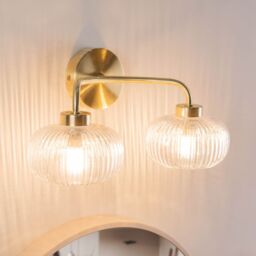 ValueLights Amaia Pair of Brushed Gold IP44 2 Way Clear Glass Wall Lights with LED Bulbs - thumbnail 2