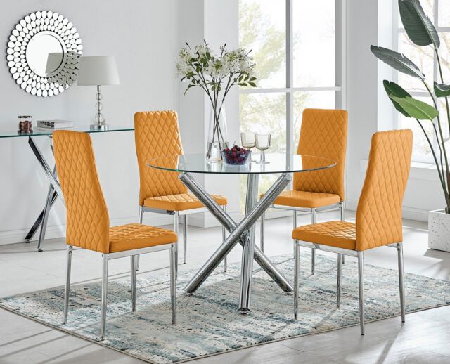 FurnitureboxUK Selina Chrome Round Glass Dining Table & 4 Milan Dining Chairs in Mustard - Size: 4 Person - image 1