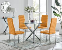FurnitureboxUK Selina Chrome Round Glass Dining Table & 4 Milan Dining Chairs in Mustard - Size: 4 Person