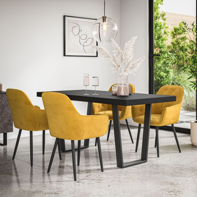 More4Homes Aria Dining Table & Chairs - Black Table Top w Black Legs + Anika Velvet Dining Chair Set Of 4 in Mustard - image 1
