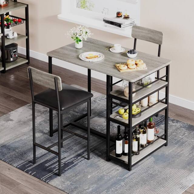 London Boutique 3PCS Dining Table Set Bar Height Kitchen Table & 2 Chairs w/ 3 Shelves in Grey - image 1