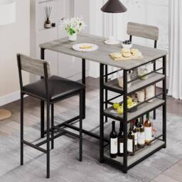 London Boutique 3PCS Dining Table Set Bar Height Kitchen Table & 2 Chairs w/ 3 Shelves in Grey - thumbnail 4