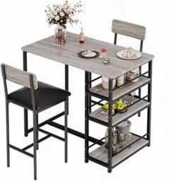 London Boutique 3PCS Dining Table Set Bar Height Kitchen Table & 2 Chairs w/ 3 Shelves in Grey - thumbnail 2