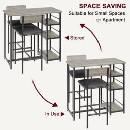 London Boutique 3PCS Dining Table Set Bar Height Kitchen Table & 2 Chairs w/ 3 Shelves in Grey - thumbnail 6
