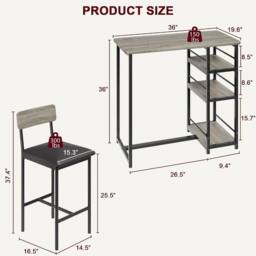 London Boutique 3PCS Dining Table Set Bar Height Kitchen Table & 2 Chairs w/ 3 Shelves in Grey - thumbnail 7