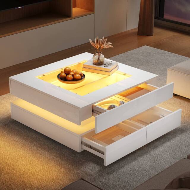 Matteo High-Gloss LED Coffee Table with 3 Drawers & Glass Top - White - image 1