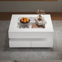 Matteo High-Gloss LED Coffee Table with 3 Drawers & Glass Top - White - thumbnail 5