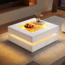 Matteo High-Gloss LED Coffee Table with 3 Drawers & Glass Top - White - thumbnail 2