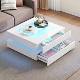 Matteo High-Gloss LED Coffee Table with 3 Drawers & Glass Top - White - thumbnail 3
