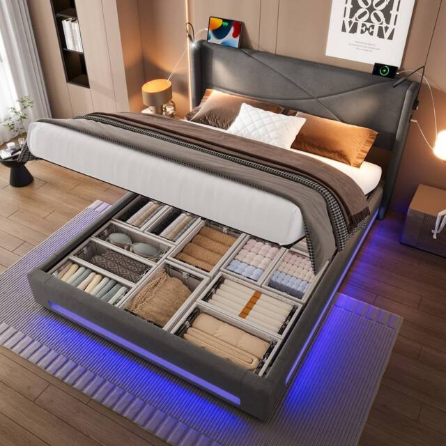 Direct Wicker Modern Hydraulic King Bed Frame with LED Lighting & Reading Lamps in Dark Grey - image 1