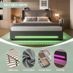 Direct Wicker Modern Hydraulic King Bed Frame with LED Lighting & Reading Lamps in Dark Grey - thumbnail 5