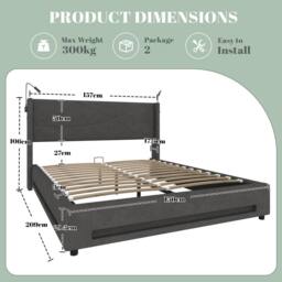 Direct Wicker Modern Hydraulic King Bed Frame with LED Lighting & Reading Lamps in Dark Grey - thumbnail 2