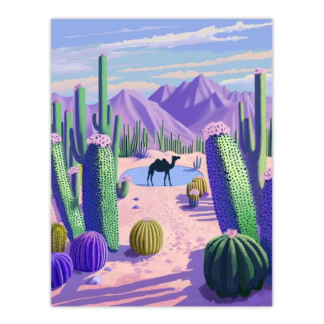 "Artery8 Desert Oasis Cacti Camel Purple Green Landscape Wall Art Print - Size: W24"" x H32""" - image 1
