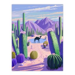 "Artery8 Desert Oasis Cacti Camel Purple Green Landscape Wall Art Print - Size: W24"" x H32""" - thumbnail 1