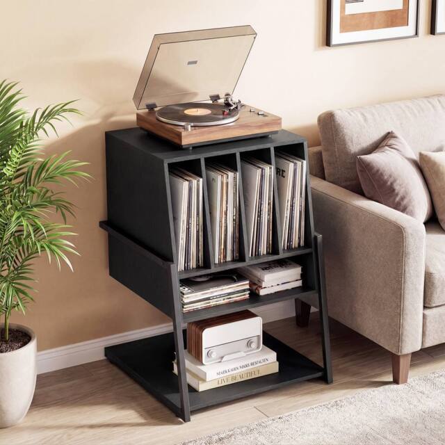 Costway Record Player Stand w/Charging Station Turntable Stand w/ Vinyl Holder in Black - image 1