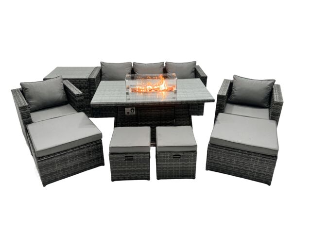Fimous Rattan Garden Furniture Firepit Dining Set 9 Seater Lounge Sofa Table Set with side table 4 Footstool in Dark Grey - image 1