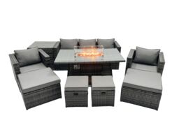 Fimous Rattan Garden Furniture Firepit Dining Set 9 Seater Lounge Sofa Table Set with side table 4 Footstool in Dark Grey - thumbnail 2