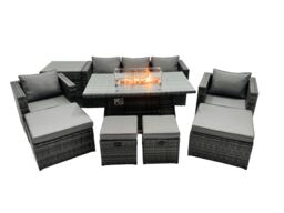 Fimous Rattan Garden Furniture Firepit Dining Set 9 Seater Lounge Sofa Table Set with side table 4 Footstool in Dark Grey - thumbnail 1