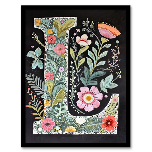 Artery8 Women's Wall Art Print Letter L Watercolour Wildflowers Colourful Nature Floral Word Art Framed - Size: A4 - image 1