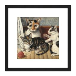 Artery8 Painting 19th Century American Cat & Kittens 8X8 Inch Square Wooden Framed Wall Art Print Picture with Mount in Black - thumbnail 1