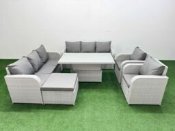 Fimous PE Rattan High Back Lounge Sofa Set Patio Adjustable Lifting Dining or Coffee Table & Chairs Set w/ 3 Seater Sofa Reclining Chair Big - thumbnail 1